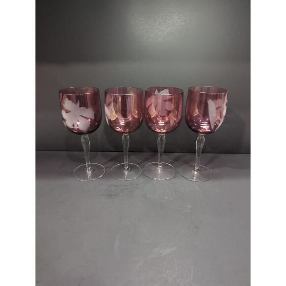 Cranberry Red Wine‎ Glasses, White Etched Flowers, Set Of 4, 7.75" H, Elegant - Picture 1 of 9
